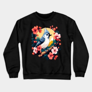 Cute Tufted Titmouse Surrounded by Vibrant Spring Flowers Crewneck Sweatshirt